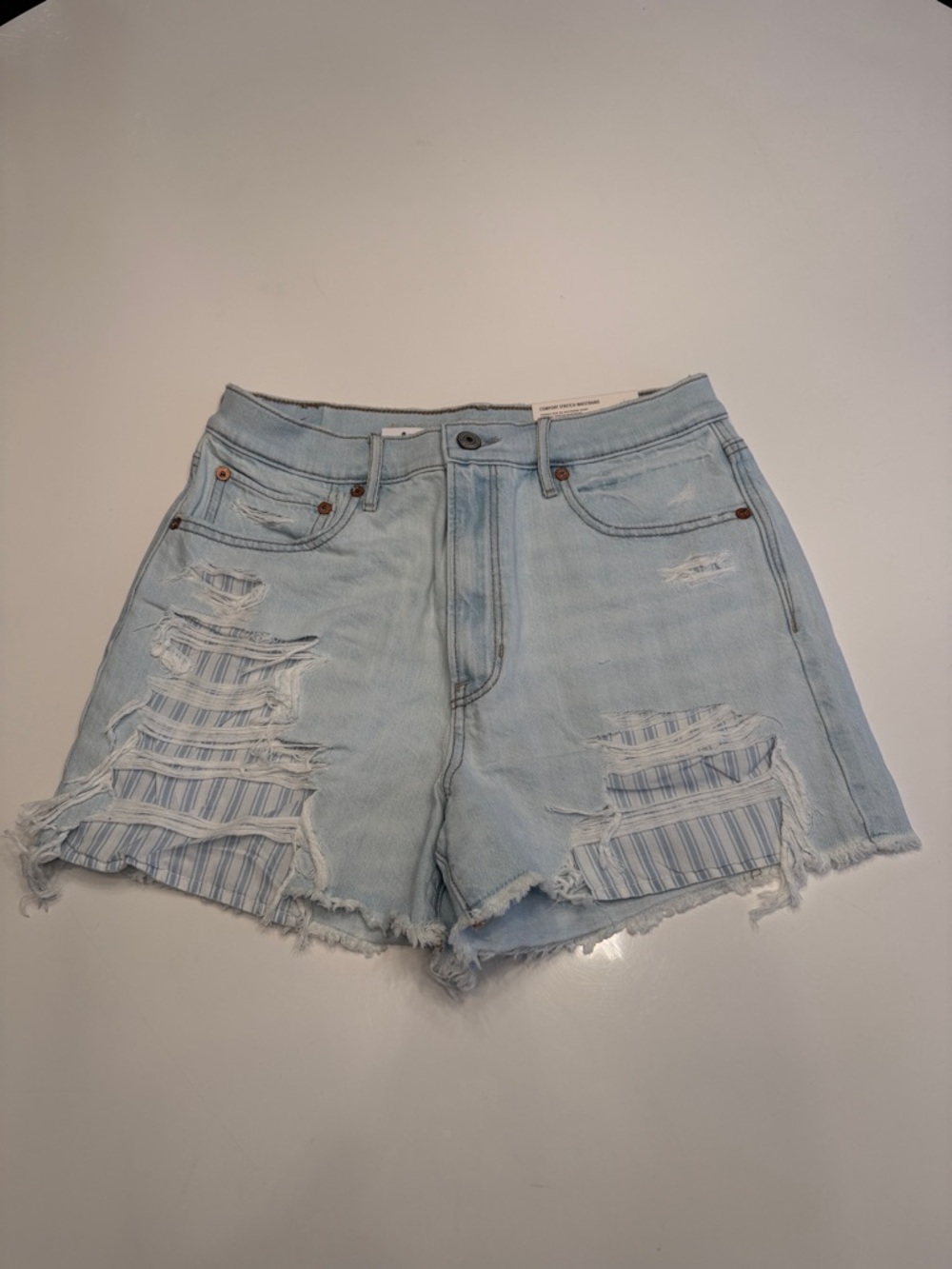 American Eagle Light Wash Distressed Denim Shorts with Striped Underlay US6